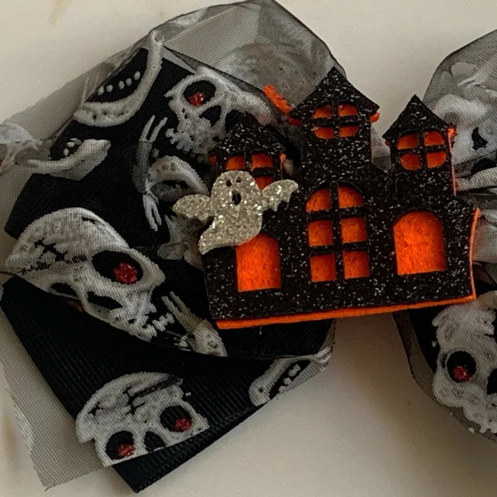 Kids Halloween Costume Hair Accessories Glitter Haunted Ghost House Skulls Bow